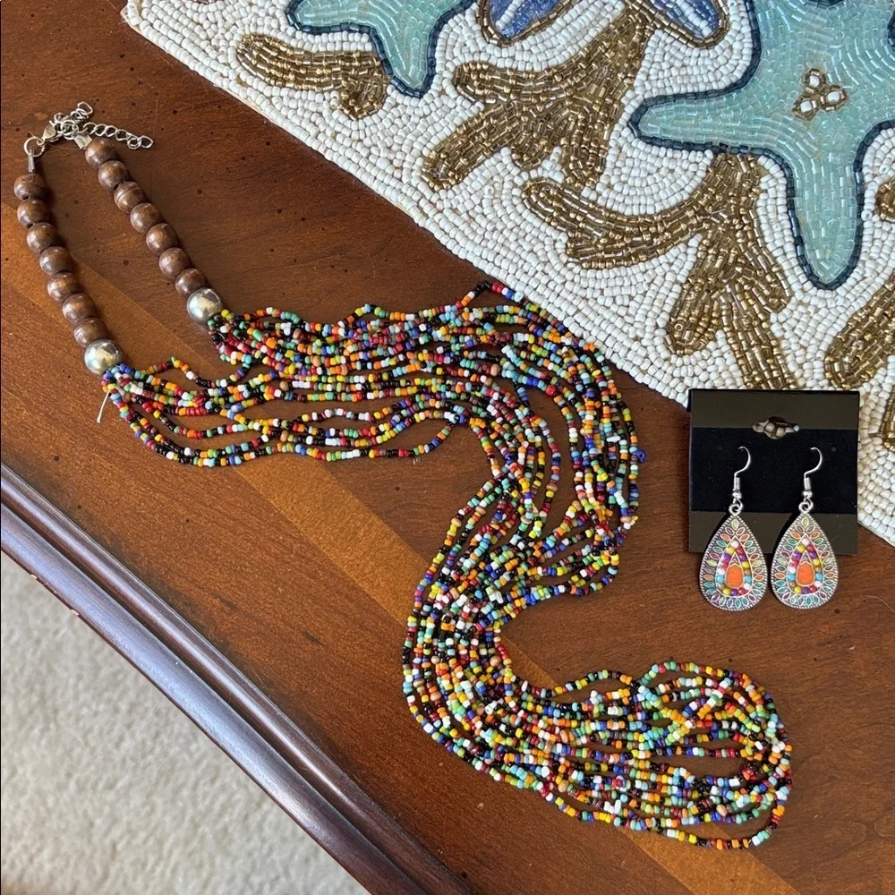 Vintage Seed Beaded Multi-Strand Long Wood Bead Colorful & Teardrop Earrings